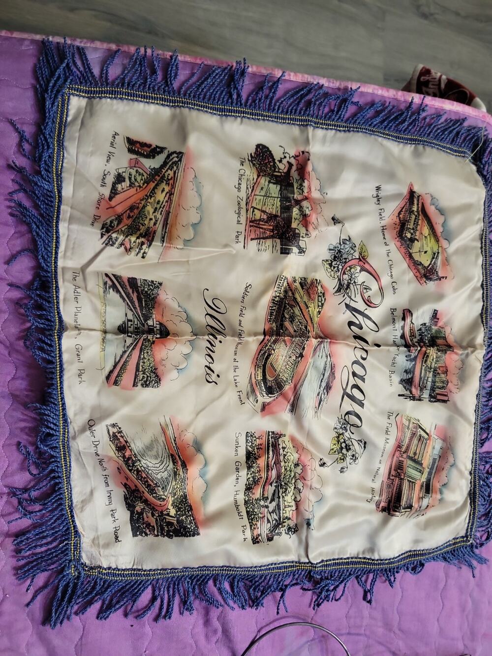 Vintage WWII Souvenir of Chicago Landmarks Silk Pillow Cover With Fringe